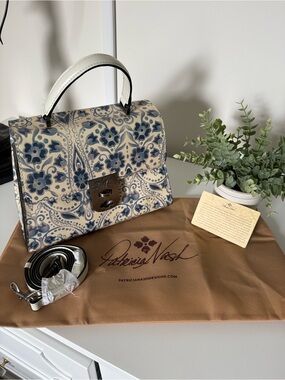 Patricia Nash Italian Folklore Blue and Cream Floral Top-Handle Satchel